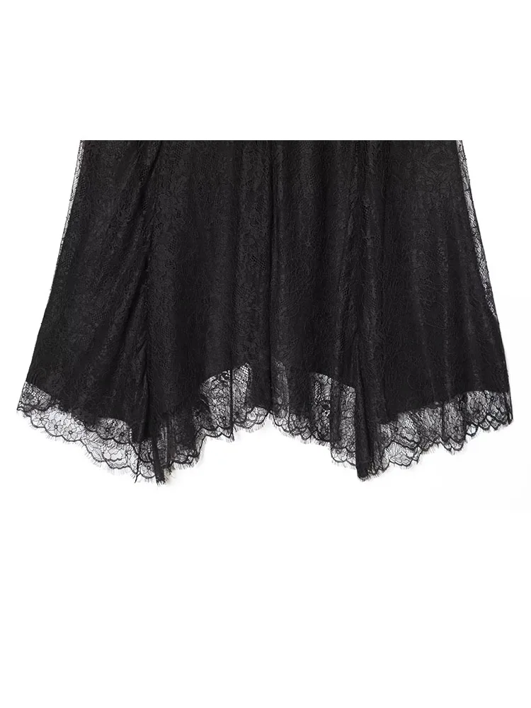 HH Women's New Fashion Vintage Sexy Lace Zipper Midi Skirt Female Temperament Simple Mid-waist Versatile Slim Asymmetrical Skirt