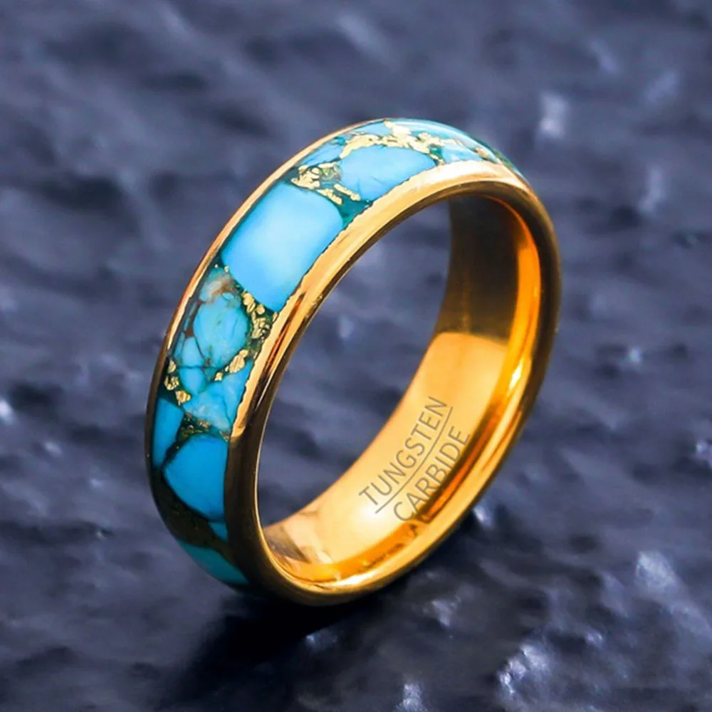 6mm Wide Inlaid Golds Foil Tungsten Steel Ring High-end Turquoise Pattern Men And Women Jewelry Proposal Rings