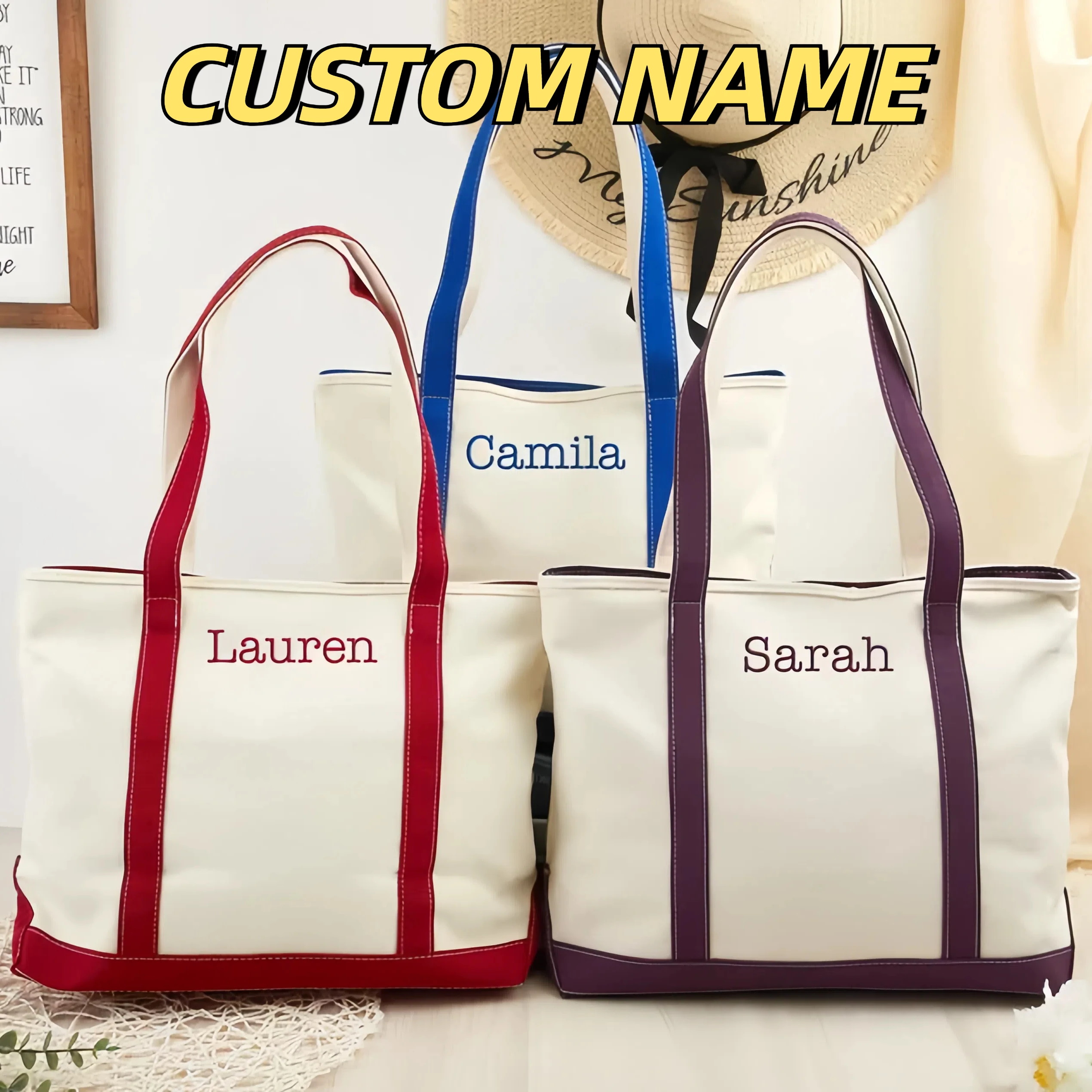 

Personalization Women Custom Name Canvas Tote Bag Shoulder Bag With Zipper Large Capacity Travel Shopping Student Work Handbag