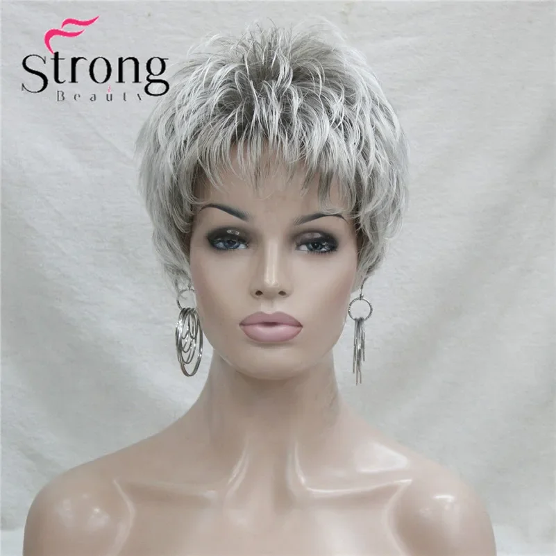 StrongBeauty Peruca sintética completa com boné clássico cinza prateado em camadas curtas
