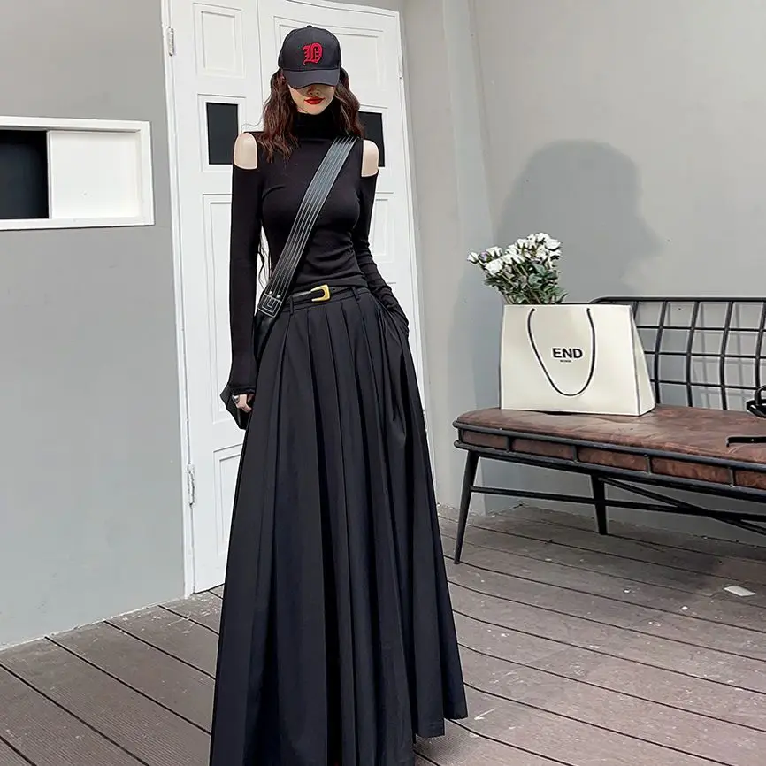 

Faionable Retro Low Waist Casual Bla Pleated Skirt Long Ankle Length Slimming Midi Skirt Commute High Waist Zipper Splice