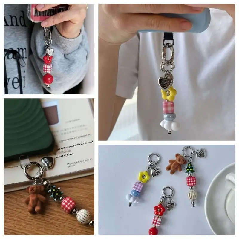 Cute Cartoon Flower Phone Pendant Keychain For Women Y2K Colorful Beaded Ornament Bag Charm Accessories Fashion Jewelry Gift