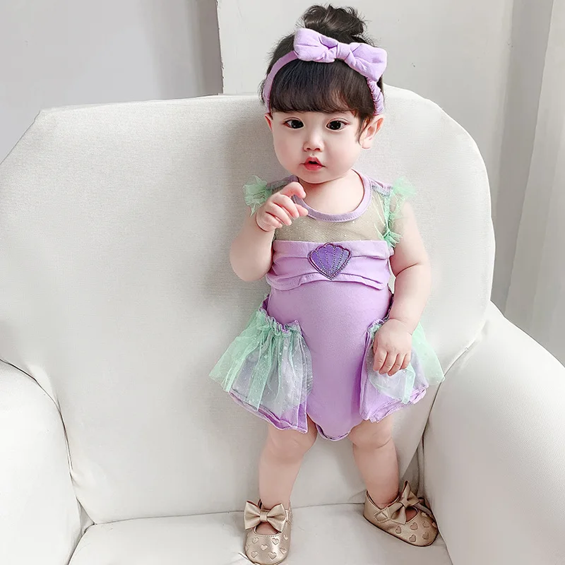 Baby Girl Romper Tutu Dress Sleeveless Mesh Tulle Jumpsuit with Headband Kids Party Festival Photo Shoot Outfit