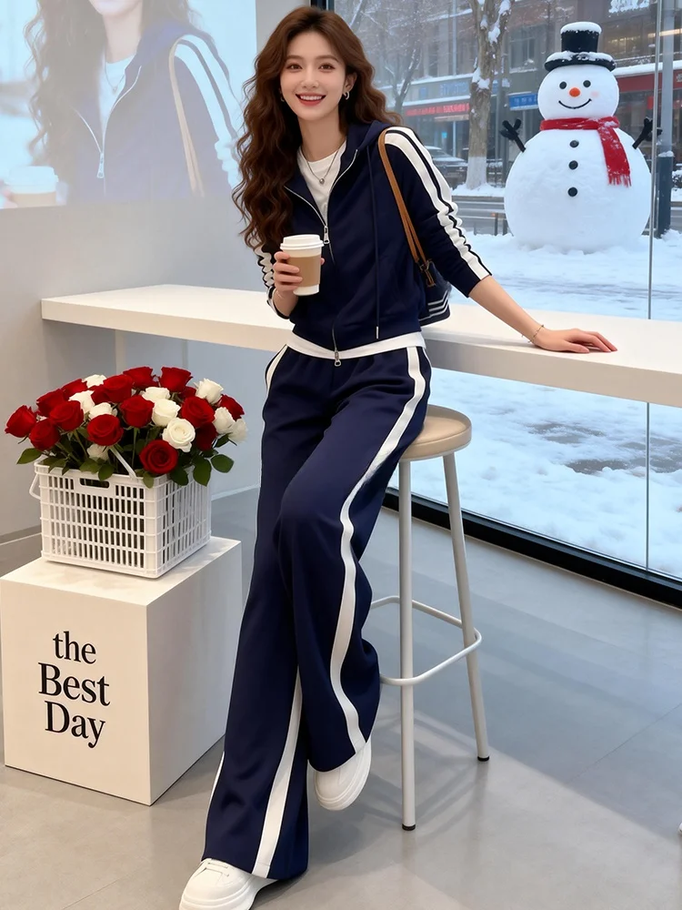 

Salt Series Street Style Casual Set Women's Spring 2026 New Blue Long Sleeve Open Cardigan Jacket Wide Leg Pants Running Two ...