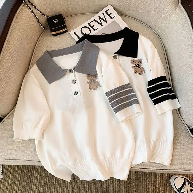 

Summer Fashion Cartoon Jacquard Knitted Preppy Style Polo Shirts Women Casual Striped Slim Short Sleeve Tops
