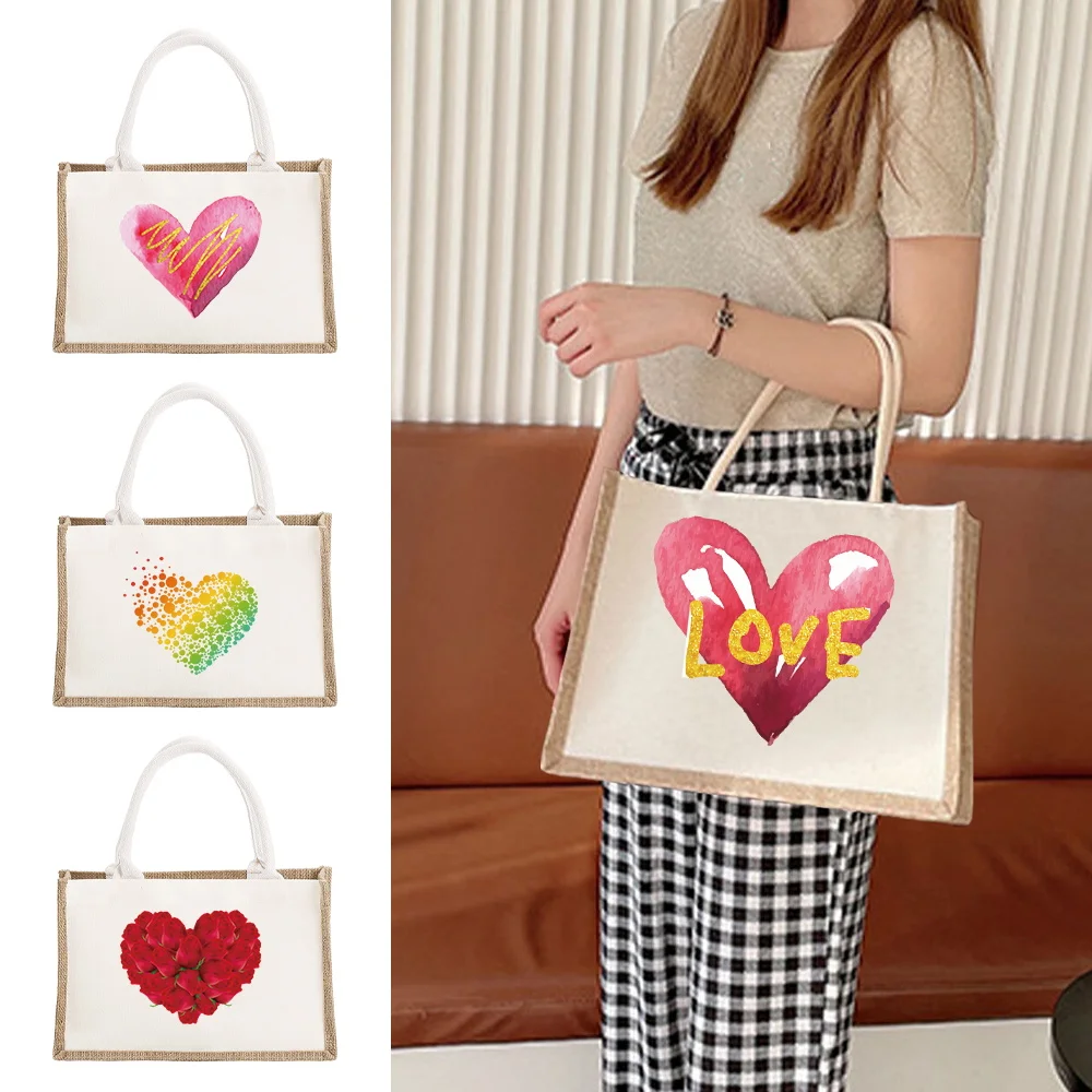 

Shopper Bag Vintage Tote Bags Portable Large Capacity Commuting Shoulder Bag Linen Handbag Love Printing