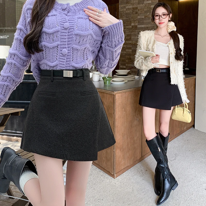 

2024 Woman Clothing Skirt Irregularly Women High Waist Solid A Line Sexy Korean Streetwear Woolen Cloth Skirts Hip-hugging Skirt