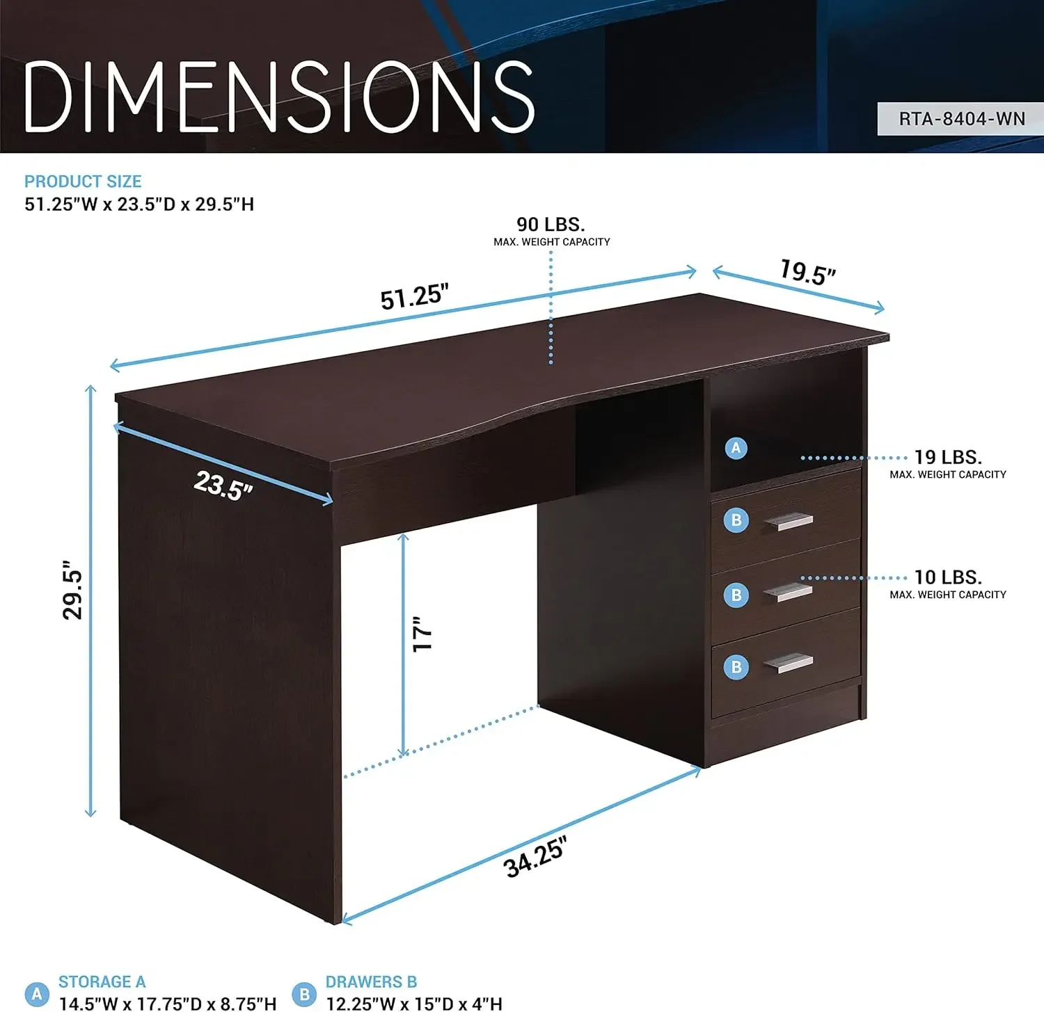 Techni Mobili Classic Computer Desk with Multiple Drawers, 29.5