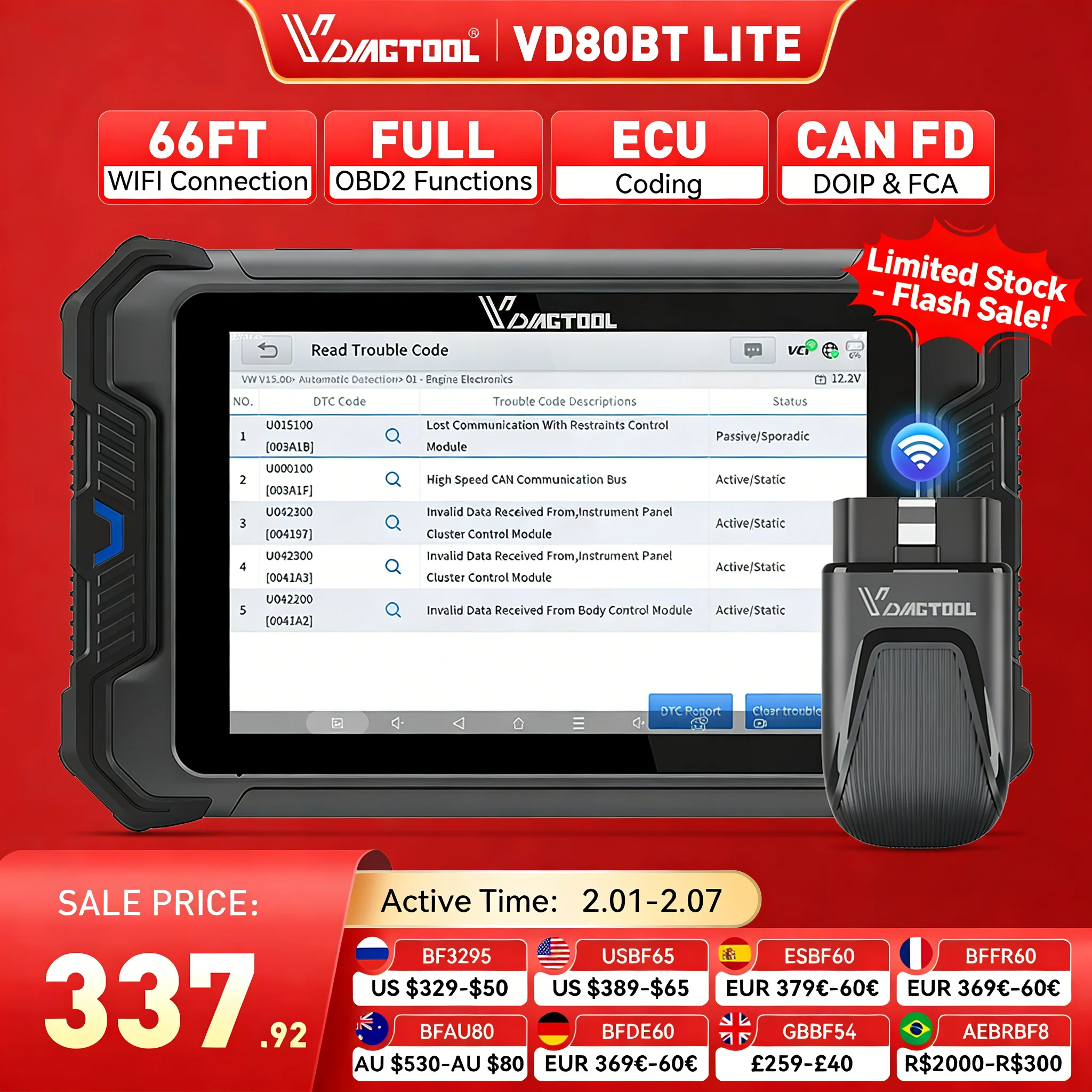 

Новый диагностический сканер для автомобилей VDIAGTOOL VD80BT LITE с 28+ функциями сброса, беспроводным кодированием ЭБУ, двунаправленным управлением, поддержкой FCA и 3-летним бесплатным обновлением.