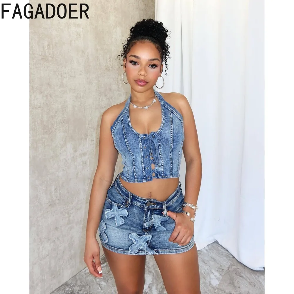 Imagem -02 - Fagadoer-sexy Conjunto de Duas Peças para Mulheres Top com Costas Abertas Colar Halter e Costas Abertas Colar Halter