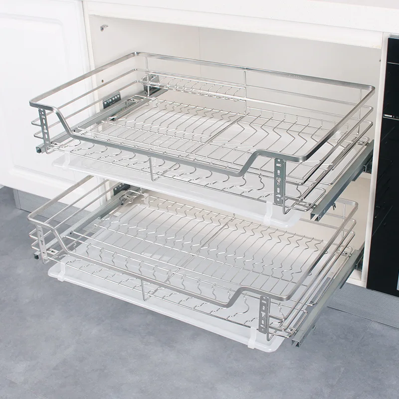 

Kitchen Cabinet Drawer 304 Stainless Steel Double-layer Buffer Damping Drawer-style Dish Basket Frame