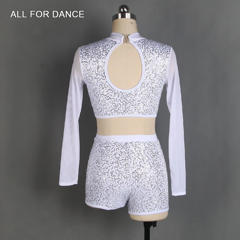 20508 طويلة الأكمام الأبيض الترتر دنة صد أداء زي الباليه تنورة رقص فستان غنائي ومعاصر 5 ألوان