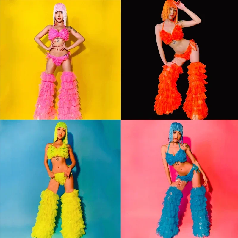 

Флуоресцентные цветные кружевные брюки для торта, сексуальное бикини для танцев на пилоне, головные уборы для ночного клуба, костюм Gogo, Клубная одежда, женские праздничные наряды XS3234