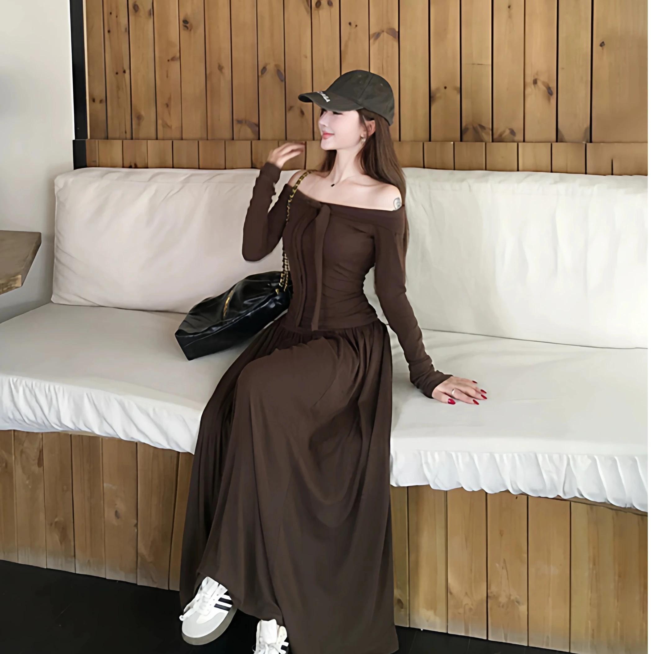 

Женский комплект Ele Slimming из двух предметов: модная футболка с открытыми плечами и юбка с высокой талией, повседневный стиль с длинными рукавами