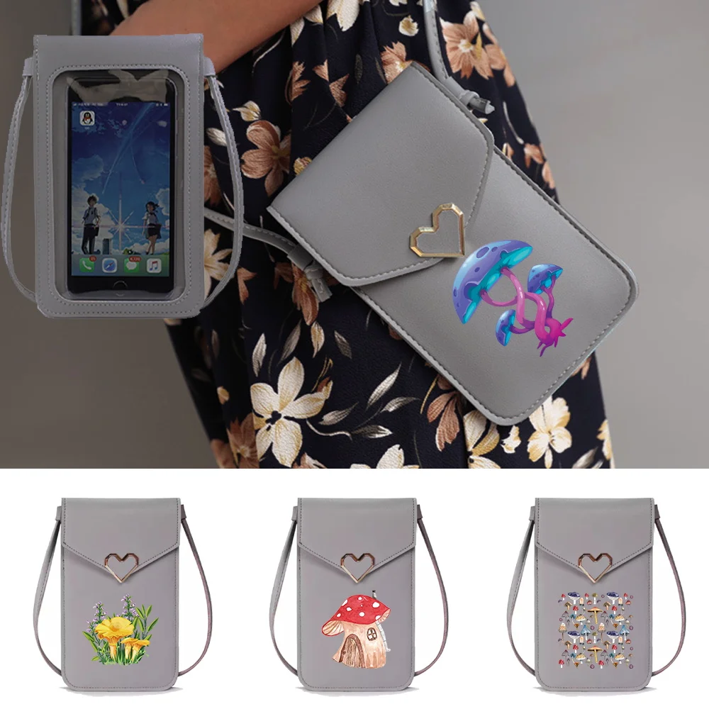 Transparent Touch Screen Phone Bag Mushroom Series Shoulder Straps Wallet Card Shopping Bag Multilayer Women Phone Storage Bags