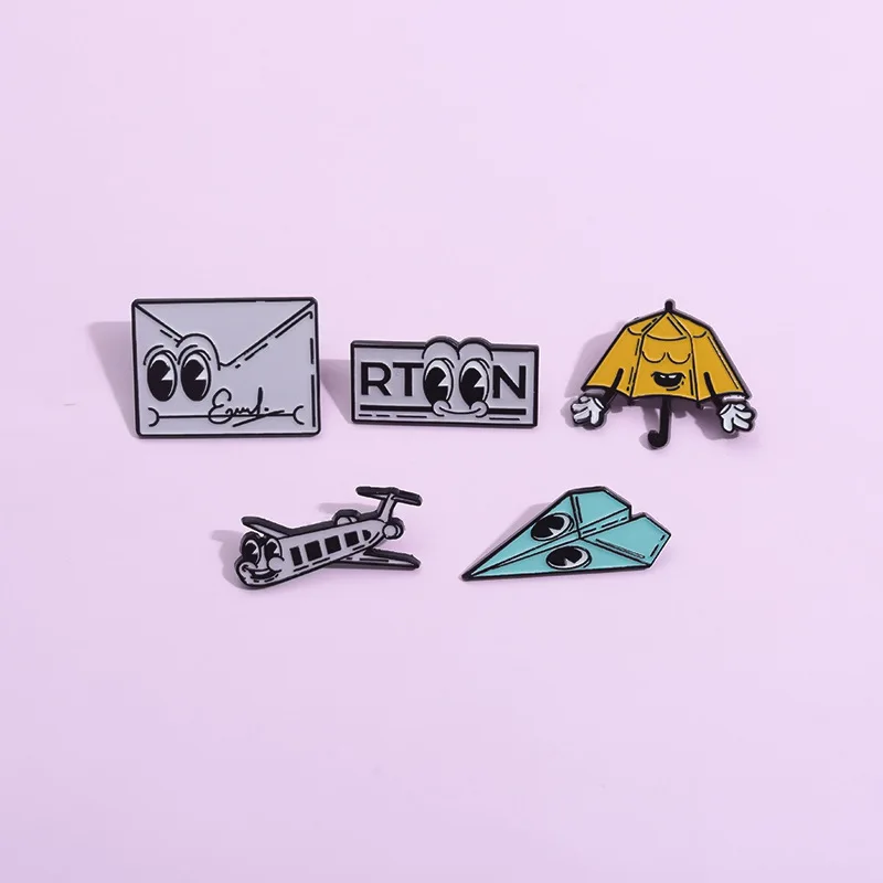    Ensemble de broches émaillées, badges de revers et broches, motifs mignons : enveloppe, avion, papier, parapluie, lettre, mot, pour veste en jean, sac à dos, bijoux, cadeau