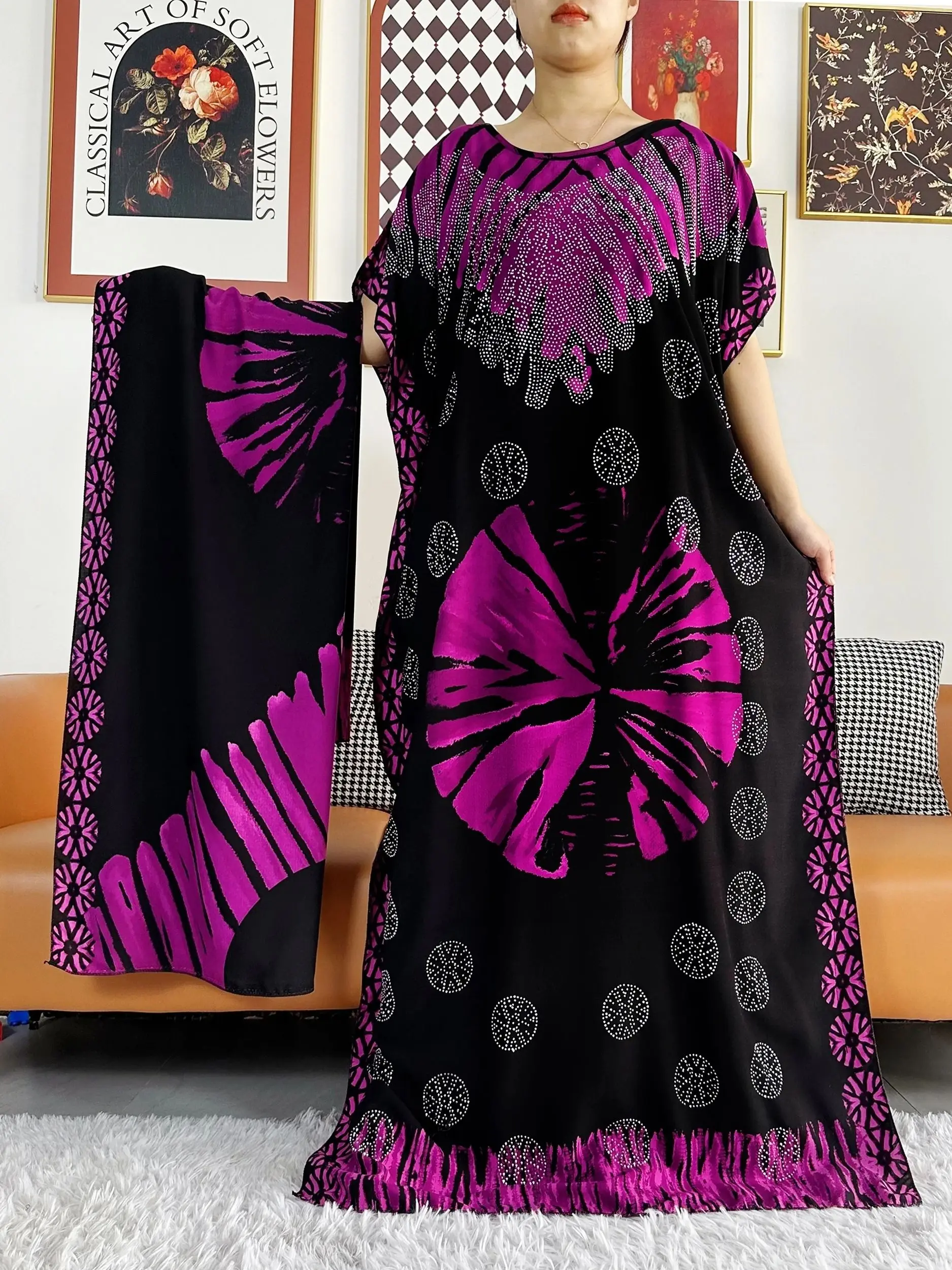 

2024 Summer African Lady's Party Dress Big Scarf Cotton Printed Loose Floral Boubou Maxi Islam Women Short Sleeve Abaya