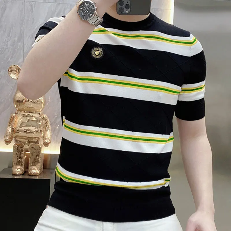 Summer New Personalized Stripes Slim Fit, Handsome, Elastic Thin, Versatile Knitted Short Sleeve Round Neck Ice Silk T-shirt