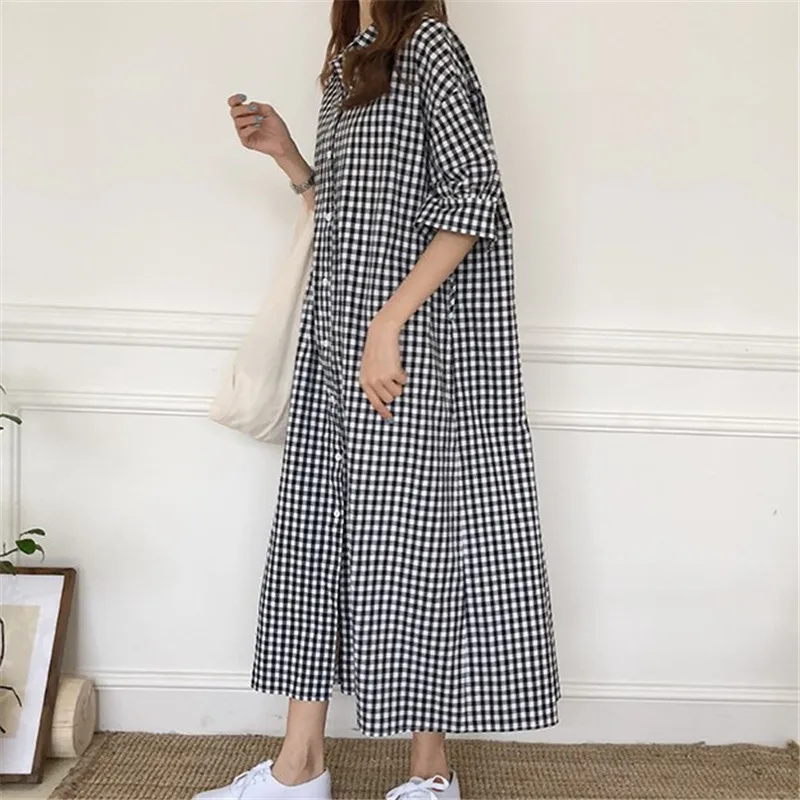 Shirt Dress Women Long Dresses Plaid Vestidos Casual Loose Streetwear Turn Down Collar Short Sleeve Spring Y2k Maxi Vintage