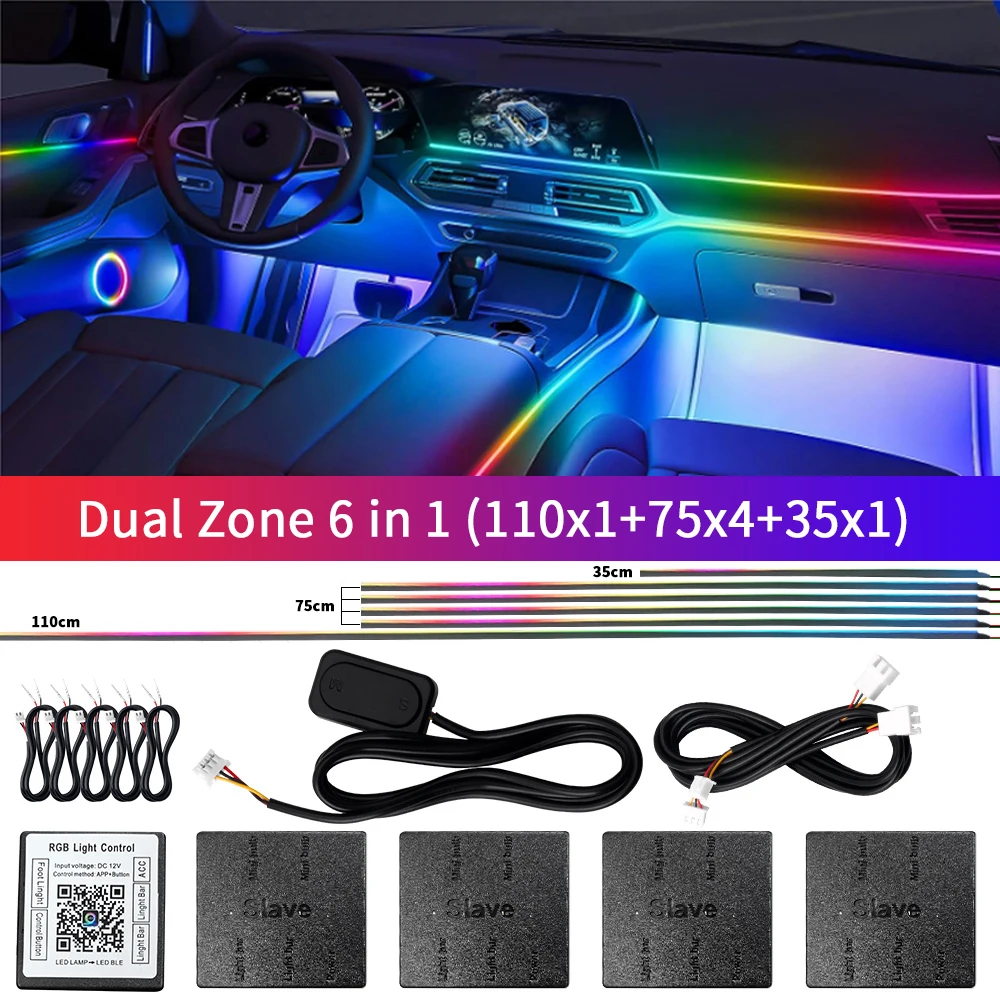 

APP Bluetooth Control RGB LED Interior Car Light Kit 10 in 1 Acrylic Fiber Strip Mood Lamp Decorative Ambient Lighting USB Fit