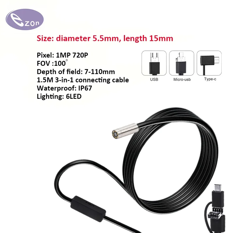 1MP diameter 5.5mm stainless steel tube endoscope FOV100゜3-in-1 cable USB endoscope probe EZ-EN55S-R