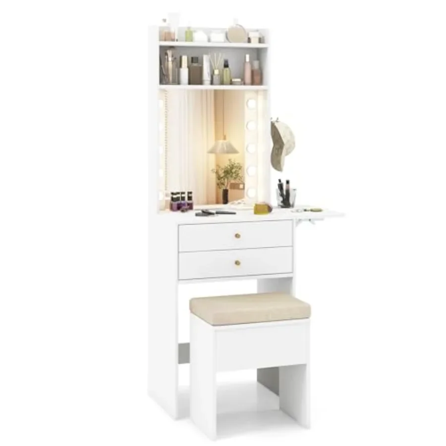 Vanity Desk with Mirror and Lights for Bedroom Use, MDF Material in White, Space-Saving Narrow Design with Foldable Countertop,