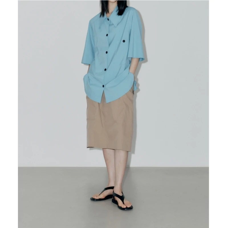 

25-летняя весна/лето, новая корейская версия, женская однобортная рубашка с короткими рукавами и острым воротником с рукавами «пять четвертей»