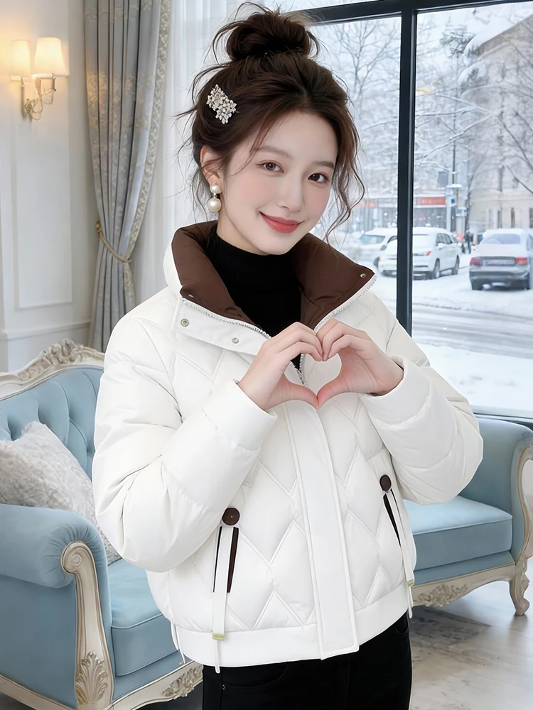 

Warm Commuter Korean Sle Women's Cotton Jaet Coat Thiened Long Sve Zipper Closure Stand Collar Color Faion