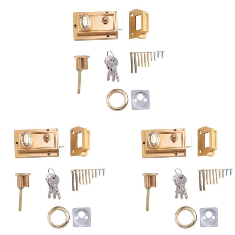 

BNVN-3X Zinc Cylinder Deadbolt Latch Lock For Night Gate Door Entrance,Gold Finish