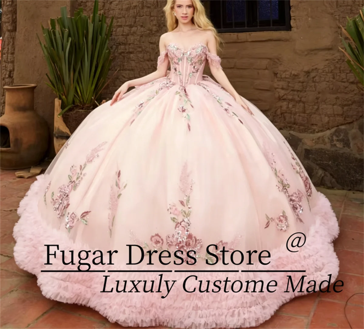 

Customized Luxurious Beading Quinceanera Dress Sexy Off the Shoulder Tiered Appliques Princess Ball Gown Vestidos De 15 Anos