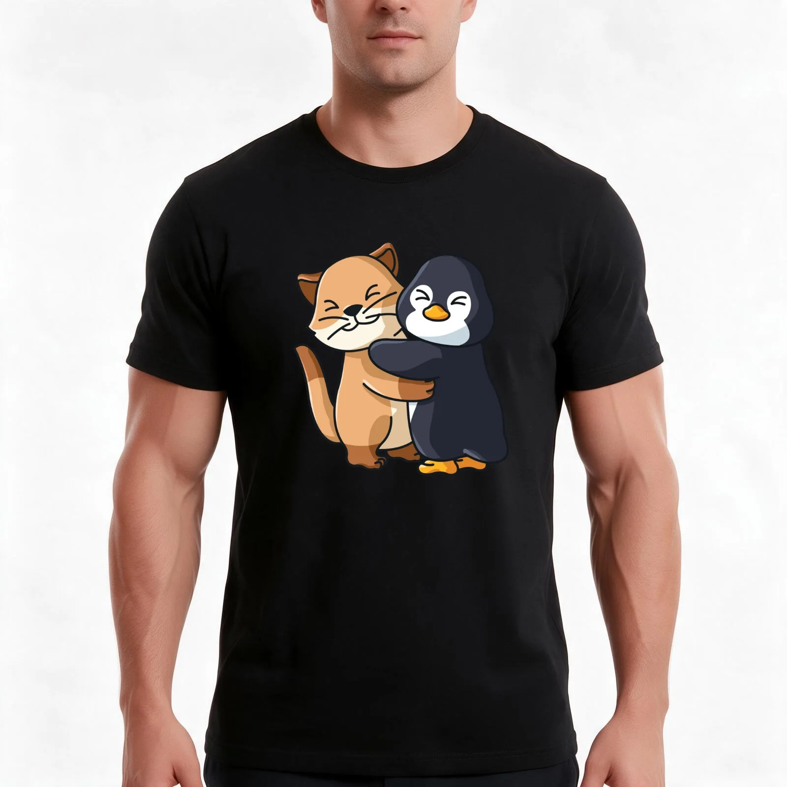 Penguin and Cat Hug Cuddle Animals T-Shirt, Summer Casual Cotton Tee, Oversized Streetwear Tops, Vintage Graphic Print