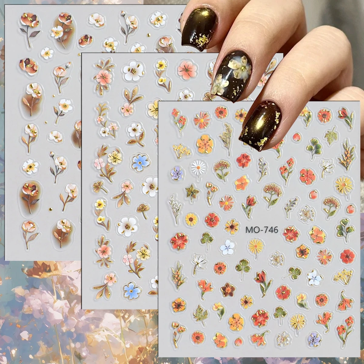 3/6 Blatt 5D Geprägte Weiße Blumen-Nagelaufkleber Florale Blätter Selbstklebende Frühlings-Nagelsticker