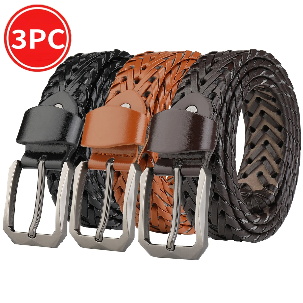 

3-pack, classic color scheme, with hand woven texture on the belt body, paired with silver buckle, leather wrapped in the