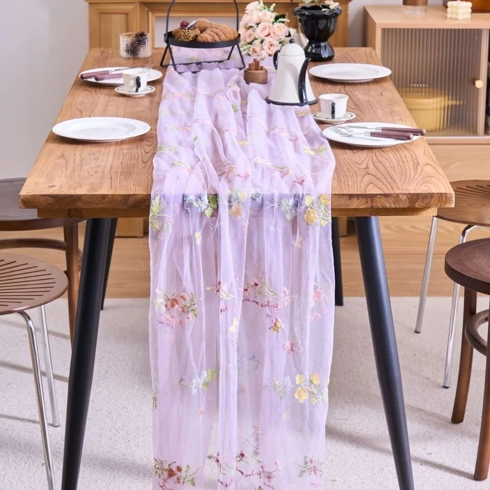 French Vintage Embroidered Floral Table Runner Fresh Color Semi-Transparent Wrinkled Table Runner Romantic Lace Table Flag