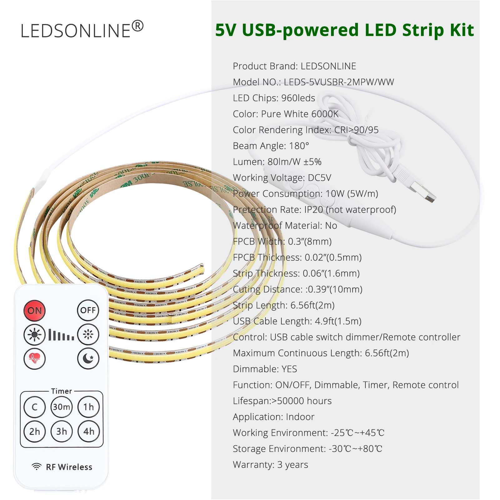 Remote Control DC5V USB COB LED Light Strip Linear Dimmable 8mm 480leds/m RA90 Flexible 3000K 4000K 6000K RF Wireless 433mhz
