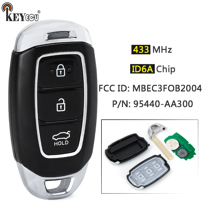 

Чип KEYECU 434 МГц, 6 А, арт.: 95440-AA300 FCC ID: MBEC3FOB2004 Умный дистанционный брелок без ключа для Hyundai Elantra 2021 2022 2023