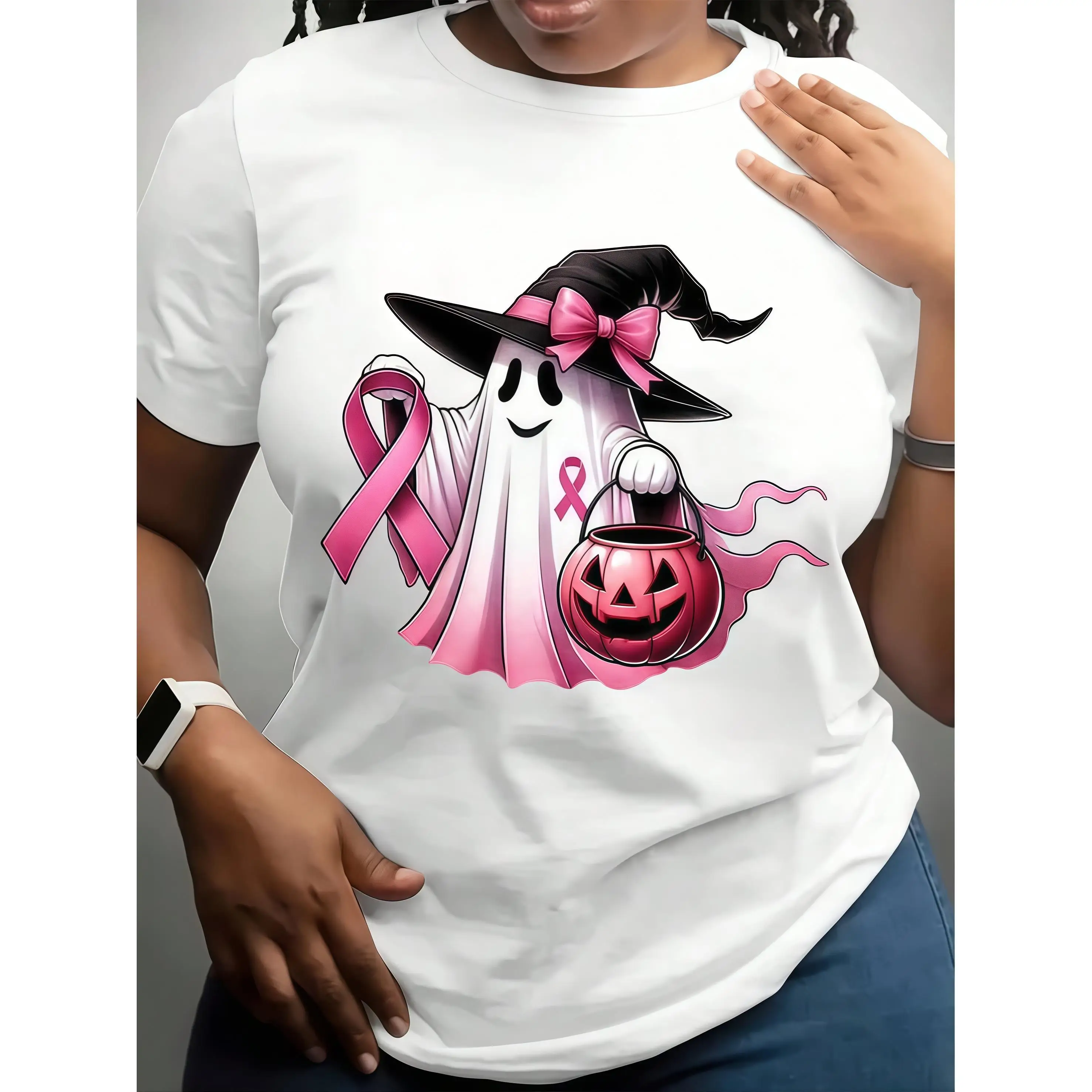 

Halloween Ghost T-Shirt,Breast Cancer Awareness Pink Ribbon Graphic Tee,Funny Witch Ghost & Pumpkin Shirt for Women,October Gift