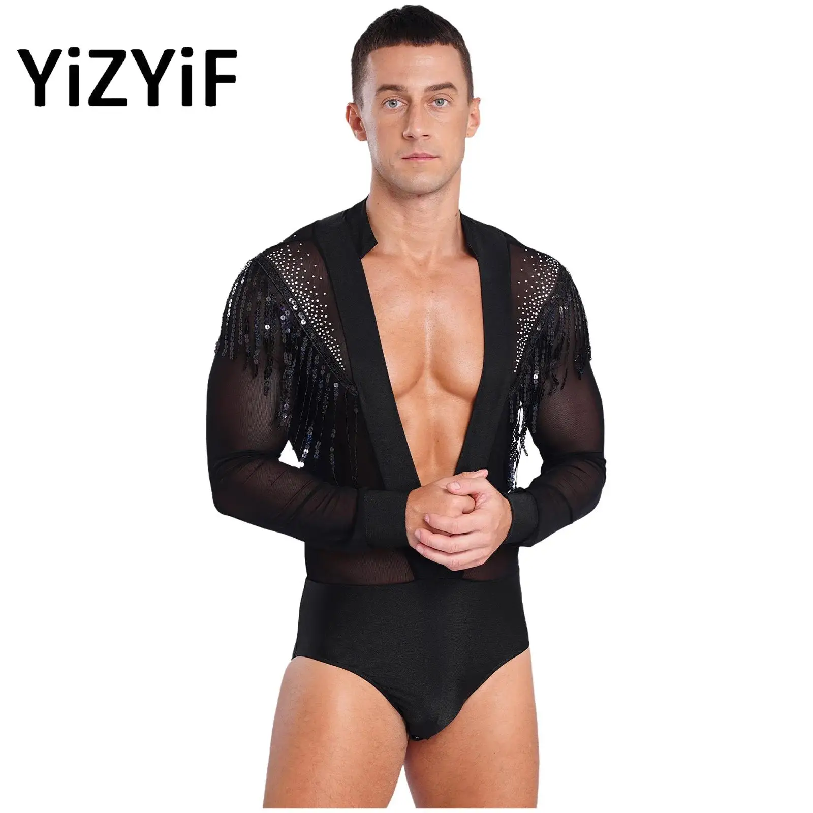 Mens Sequined Tassels Latin Leotard Deep V-neck Sheer Mesh Rhinestones Bodysuit for Dance Salsa Competition Stage Performance