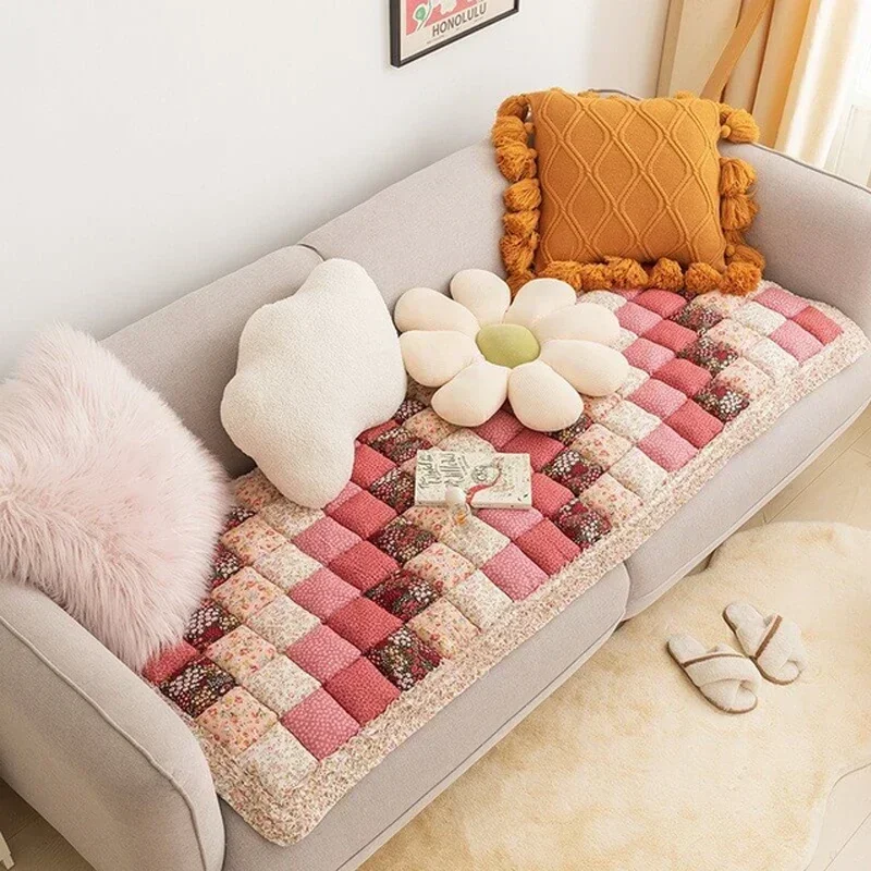 Rose Patchwork Pink Checkered Cotton Dogs Protective Sofa Cover Non-Slip Thickened for Home Living Room Sofa Pet Sofa Cushion