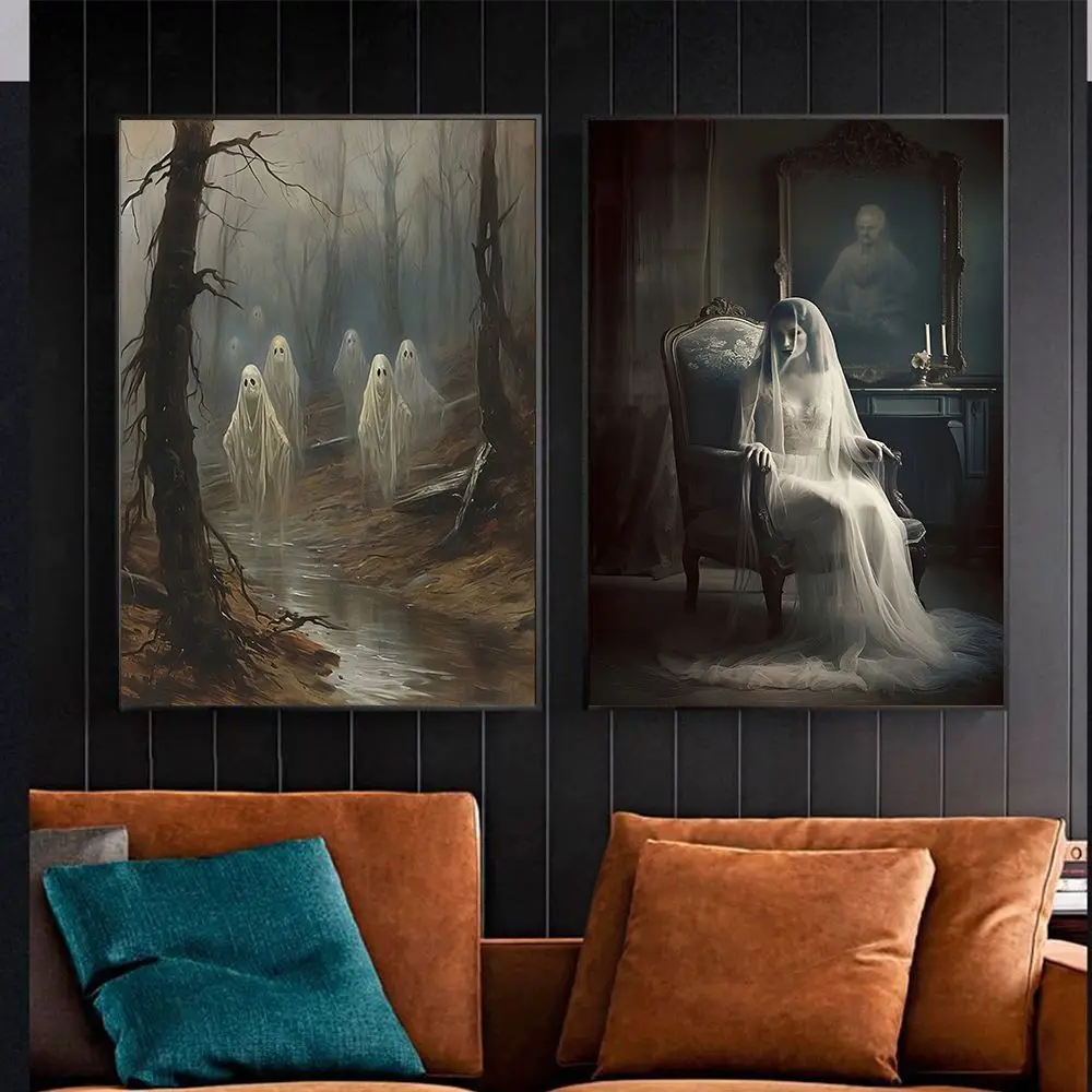 

Ghosts in the Forest Flower Gothic Painting Ghost Lady Portrait Poster Wall Art Canvas Prints Dark Academia Halloween Home Decor