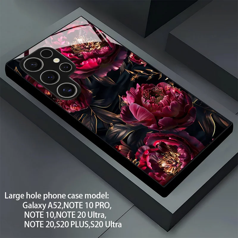 Deep red peony pattern glass phone case suitable for Samsung Galaxy S26 S25 S24 S23 S22 S20 FE/Ultra/Plus anti drop back cover