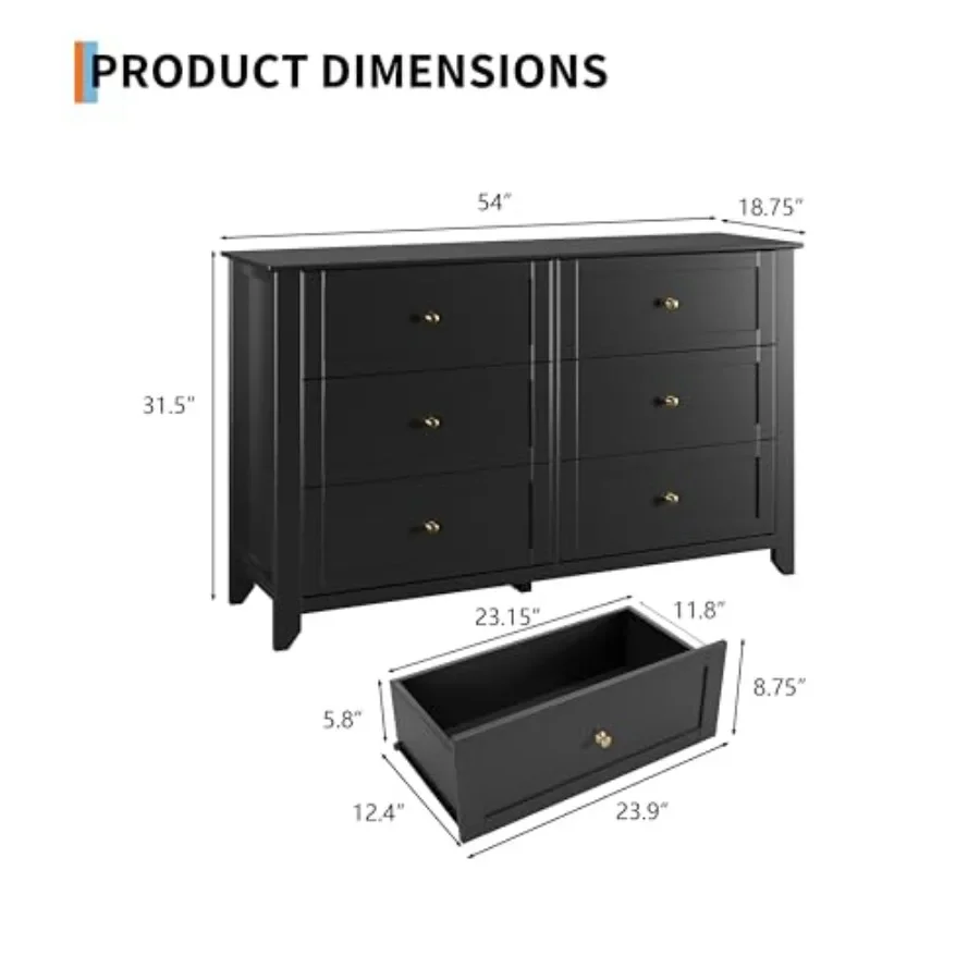 6-Drawer Dresser for Bedroom, 54 Long Chest of Drawers, engineered wood, white, smooth-gliding drawers with soft-close mechanis