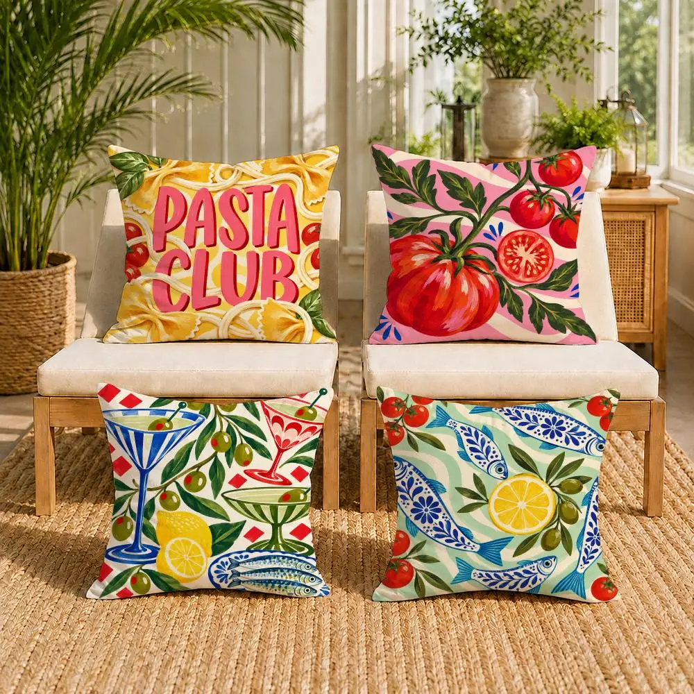 Italian Summer Foodie Dopamine Cushion Cover Double-Sided Plush Sofa Pillow Cover Organic Breathable Invisible Zipper