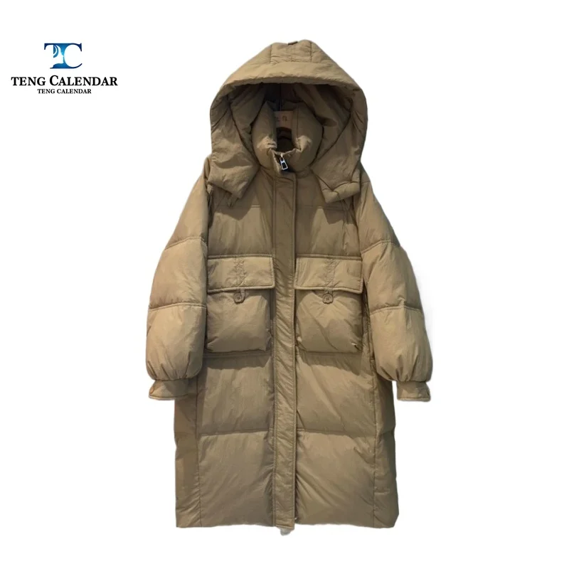 Korean style waist cinched hooded down jacket, medium to long thick and warm over the knee jacket, women 2025 winter new style