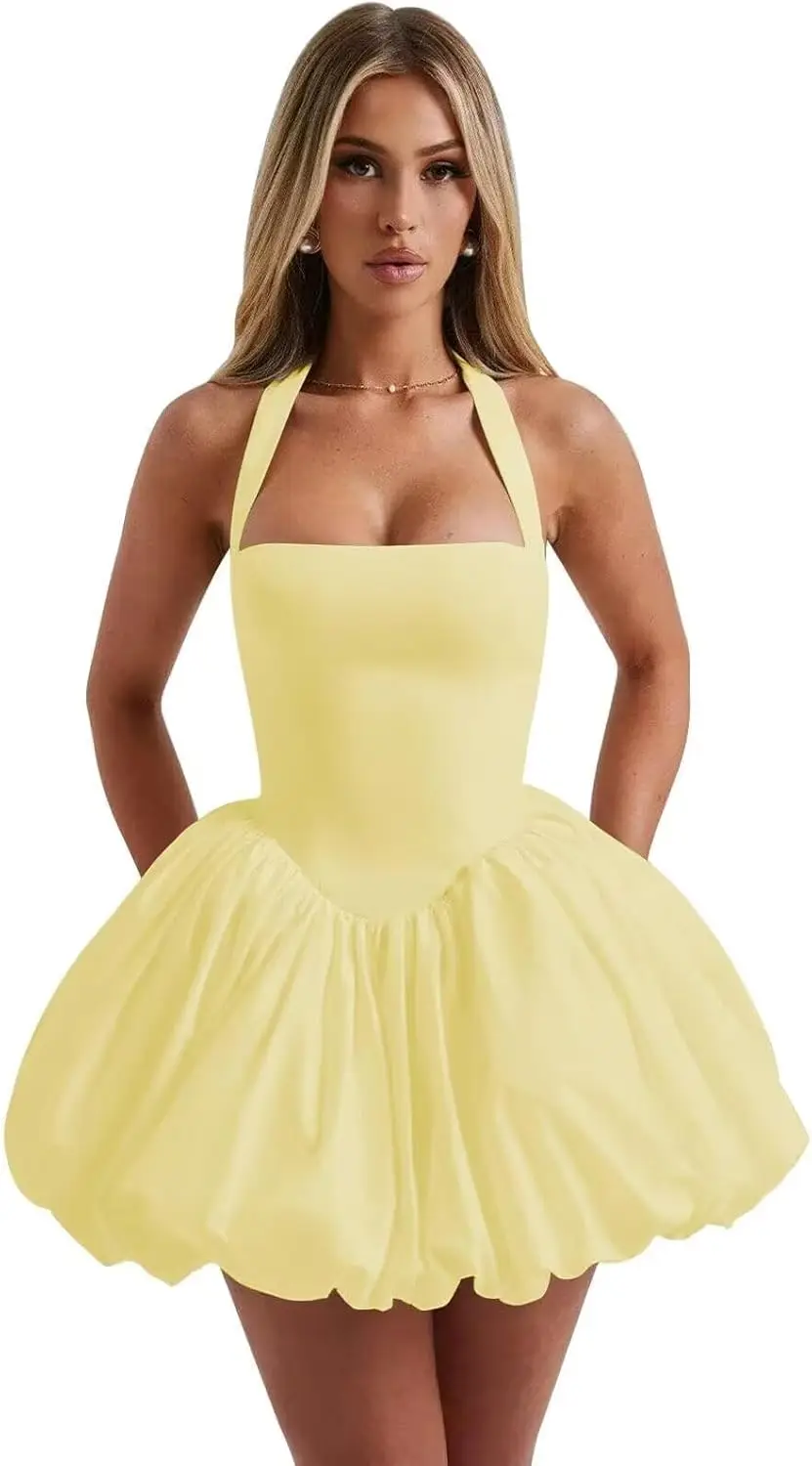 

Satin Homecoming Dresses Halter Ruched Ruffles Corset HOCO Dress Short Mini Prom Dress with Pockets Above Knee , Mini