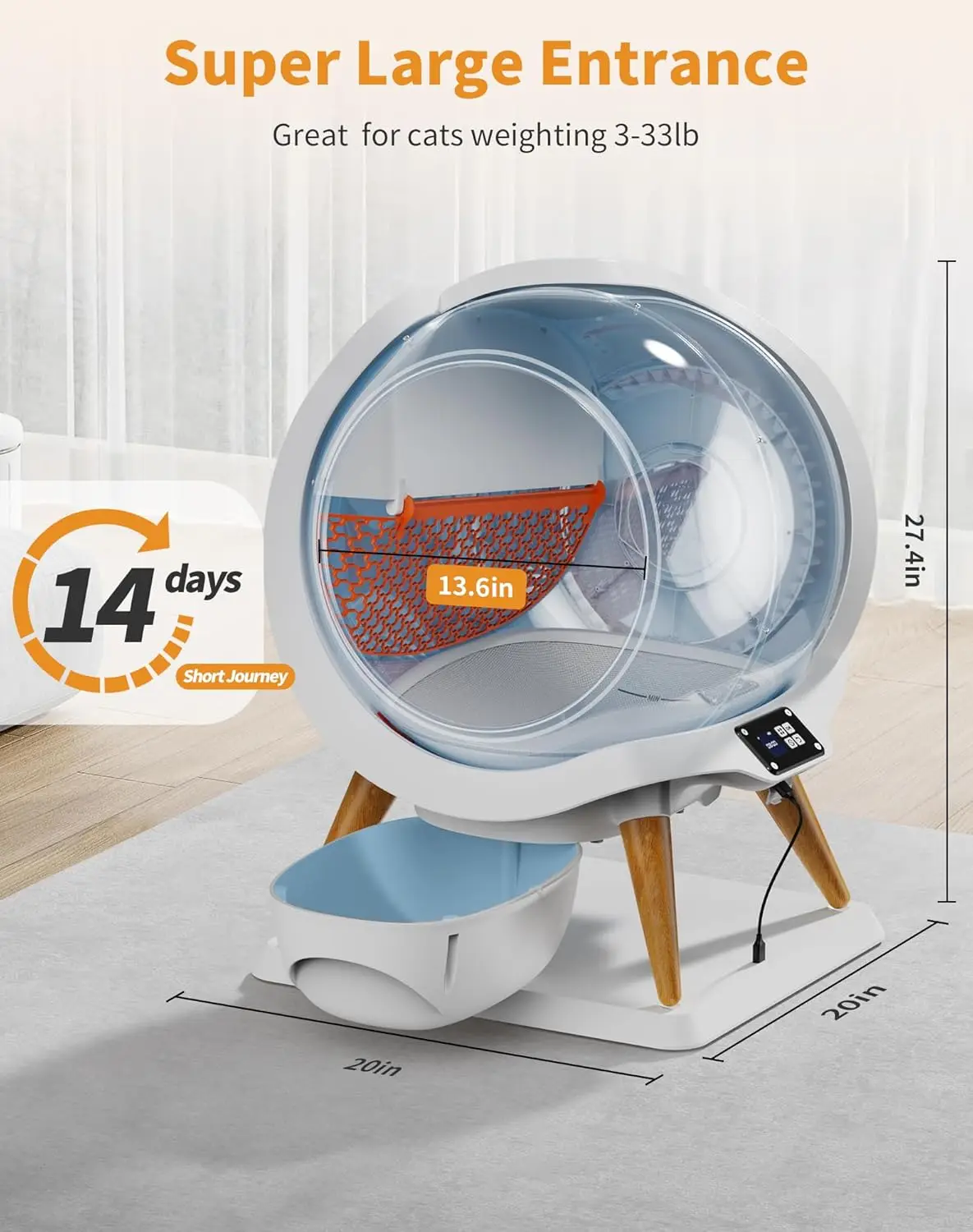 HoneyGuaridan bac à litière autonettoyant pour chat, bac à litière automatique étanche IPX5, contrôle par application, inodore, sécurité intégrée Pr