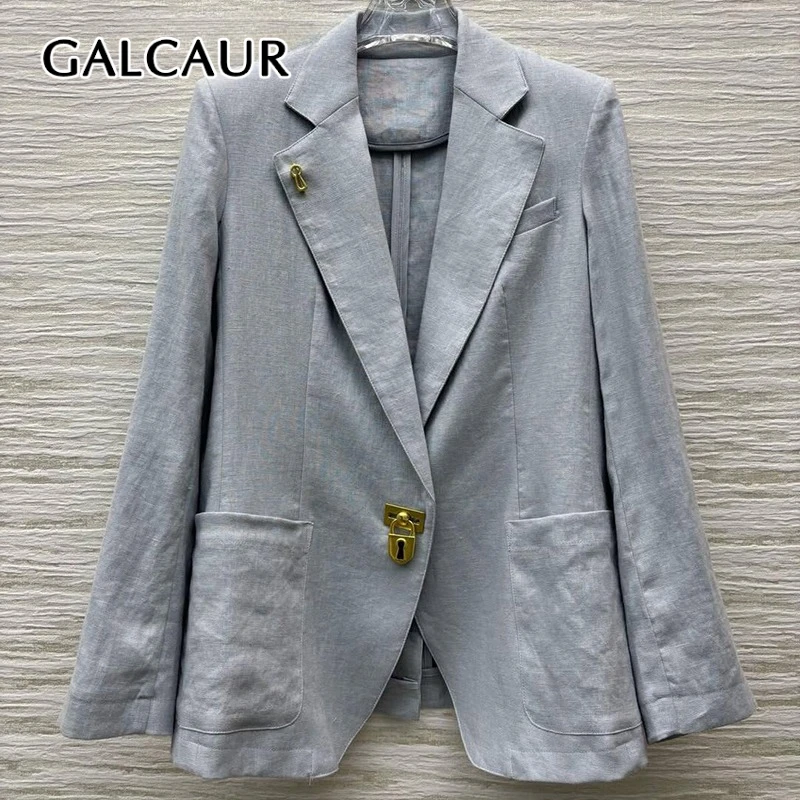 GALCAUR Solid Spliced Pocket Temperament Jackets for Women Lapel Long Sleeves Patchwork Button Jacket Female Fashion Clothes New