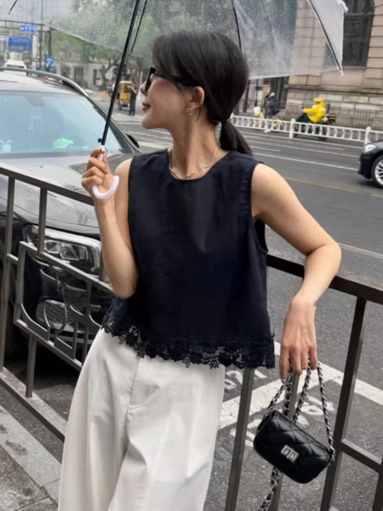 Korean Style Lace Back Strap Sleeveless Vest Shirt Women Summer Loose Slimming Short Top Hollow out Back  Splice Commu...