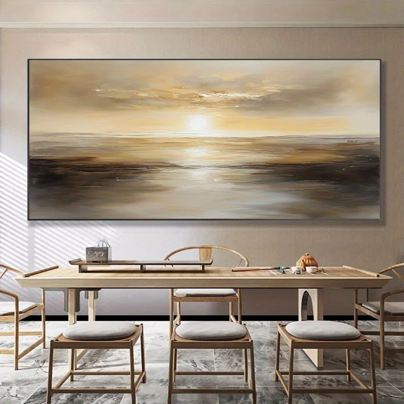 1pc Large Frameless Modern Abstract Canvas Art Sunset Wall Painting, Vibrant Blue & Golden Design, Living Room Decor Sunset Art