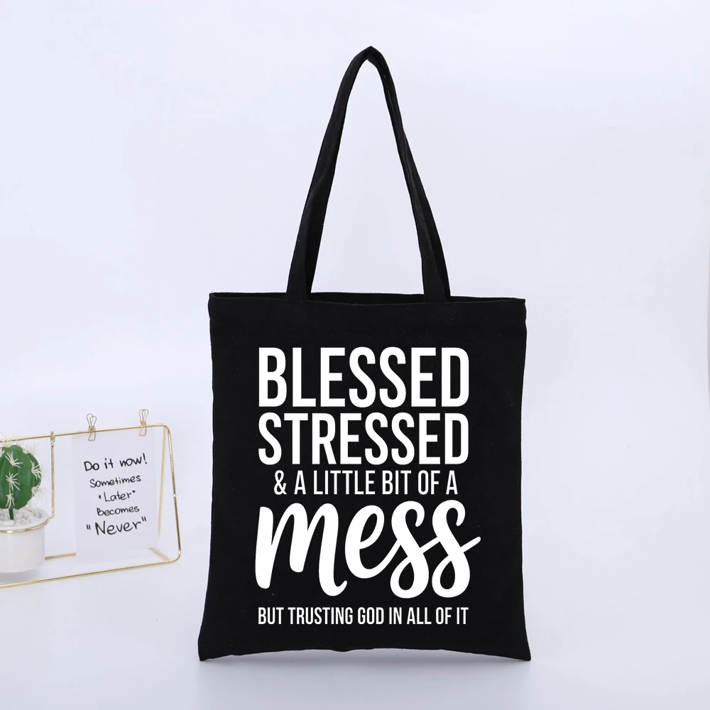Slogan-Style Canvas Tote Bag, Casual Typography Print Shopping Bag for Daily Use